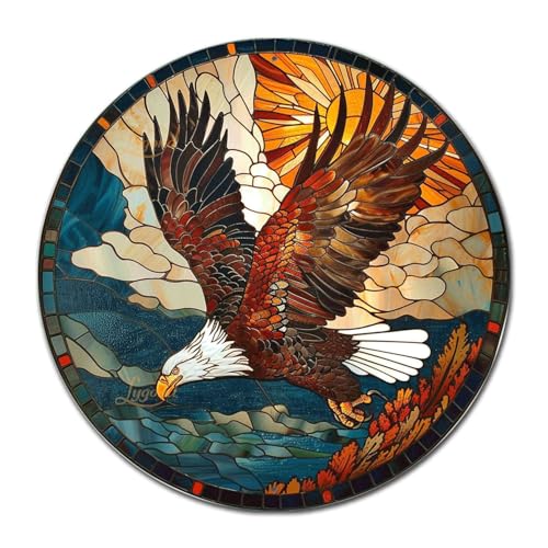 Metal Sign Tin Sign Circular Stained Glass American Bald Eagle Tin Signs for Garden for Gift 8×8 Inches (8×8 Inches / American Bald Eagle-3)