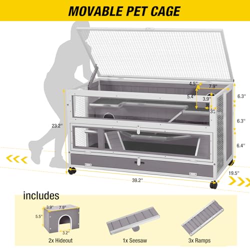 Chew Proof Metal Guinea Pig Cages with Wheels for 2 (White & Grey)