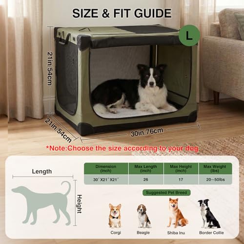 30 x 21 x 21 Inch Collapsible Soft Dog Crate for Dogs Up to 50 lbs (30.0"L x 21.0"W x 21.0"H / Green)