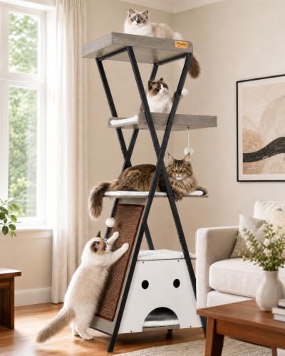 Modern Wood Cat Tree Tower for Indoor Cats Large Adult 67 (67 inch / Greige)