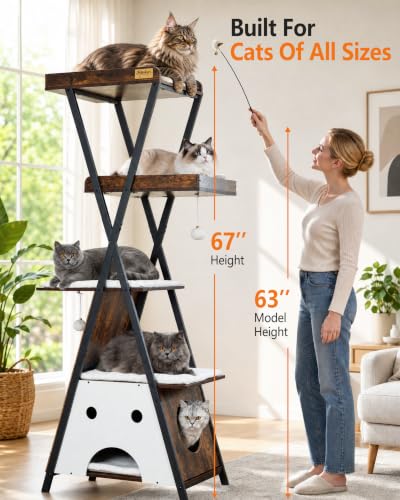 Modern Wood Cat Tree Tower for Indoor Cats Large Adult 67 (67 inch / Rustic Brown)