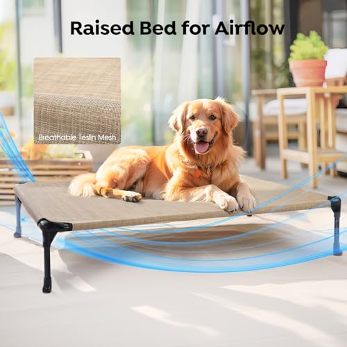 Outdoor Elevated Dog Bed with Waterproof Bolster Cushion (Beige Coffee / 32.0"L x 25.0"W x 7.0"Th)
