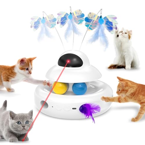 Cat Toys，4-in-1 Interactive Cat Toy for Indoor Cats with Laser, Fluttering Butterfly, Moving Feather and Track Balls - USB Rechargeable Self-Play Kitten Toy (White)