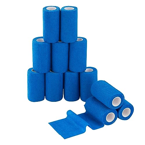 Adhesive Bandage Wrap 12 Pack Vet Wrap 4 inches x 5 Yards (Blue)