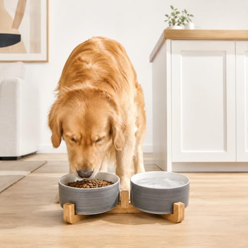 Dog Bowls Ceramic Cat Dog Bowl Set with Wood Stand for Food and Water (Grey White / 850ML*2)