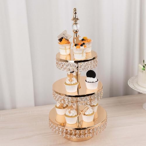 Efavormart 3 Tier Crystal Beaded Gold Metal Cake Stand (3-Tier 26" Crystal / Gold)