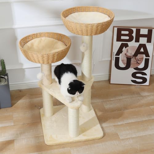 Cat Tree Tower with Rattan Wicker Basket (2 baskets)
