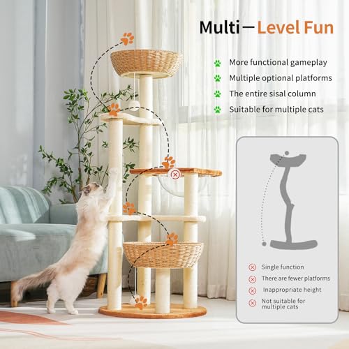 55.5 Inch Modern Cat Tree for Large Cats with Woven Basket Beds (3)