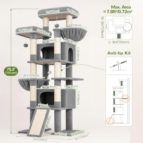 Giant Tall Heavy Duty Cat Tower for Indoor Large Cats (Light Grey / 75 inch)