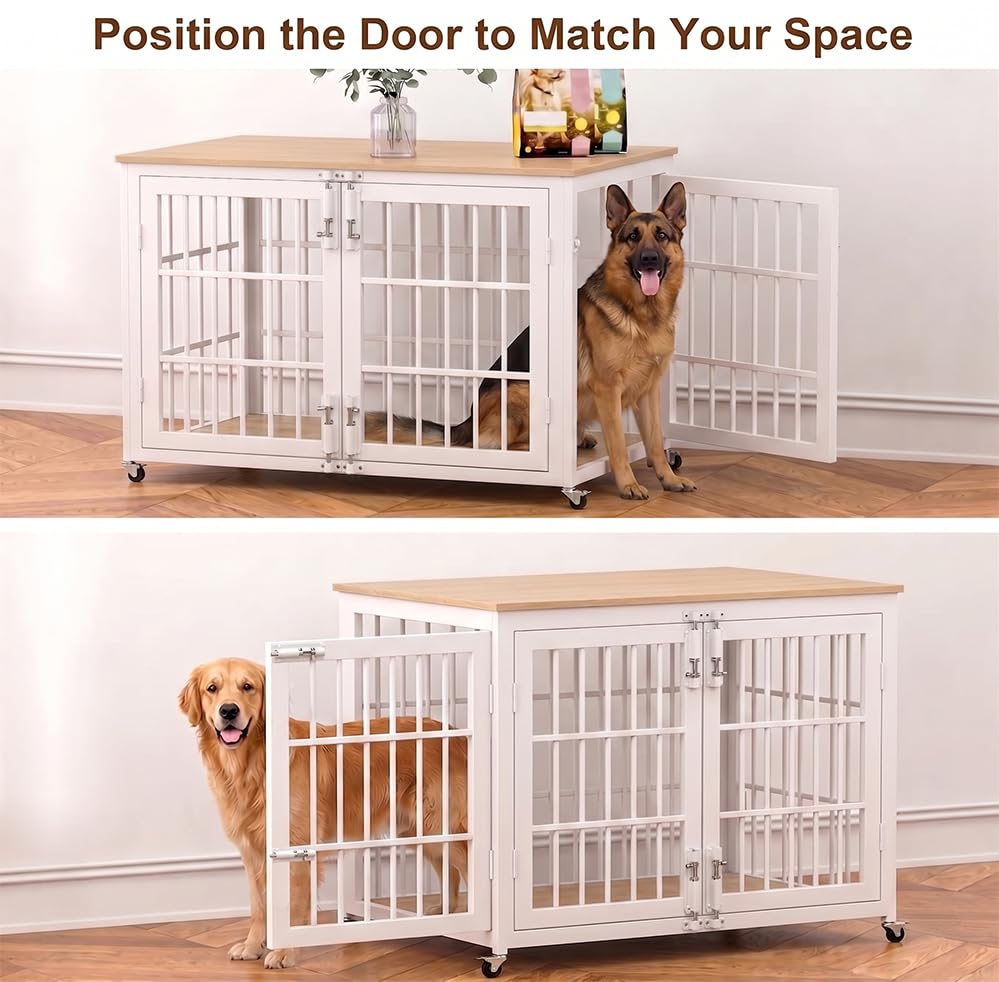 38" Heavy Duty Dog Crate Furniture for Large and Medium Dogs (White + Natural)