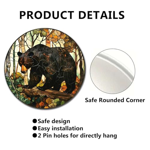 Metal Sign Tin Sign Circular Stained Glass American Black Bear Funny Outdoor Decor for Gift 12×12 Inches (12×12 Inches / American Black Bear-2)