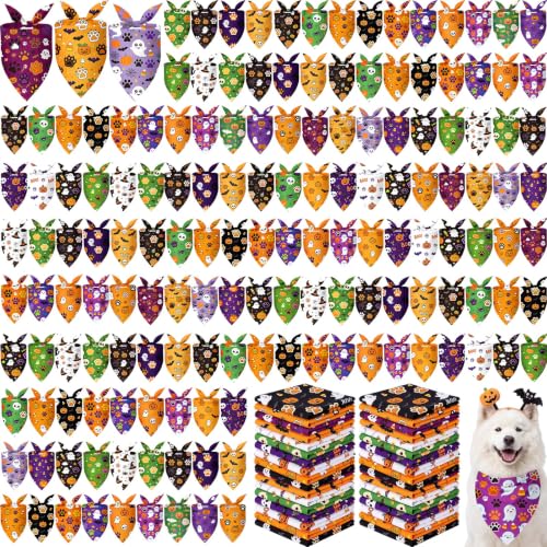 200 Pcs Halloween Dog Bandanas Bulk Cute Dog Paw Prints Pattern (Black, Orange, Purple,Green / Halloween Paw Prints)