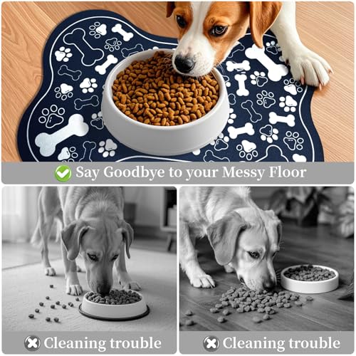Dog & Cat Food Mat Bone Shaped Pet Feeding Mat Quick Absorb Water Bowl Placemat with Rubber Backing Indoor Floor Stain Resistant Pet Accessory Supplies (Blue / 16"L x 24"W)