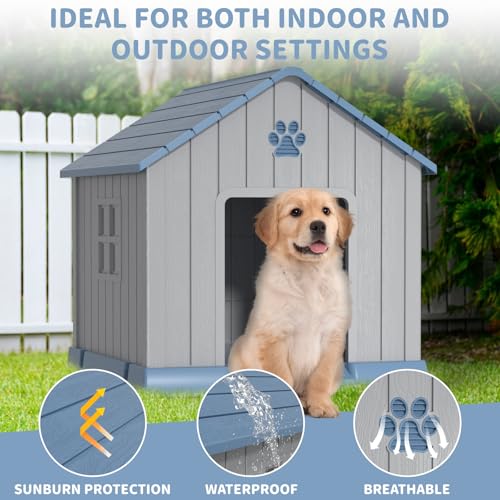 Dog House Indoor Outdoor for Small to Large Sized Dogs Indoor Outdoor Doghouse Puppy Shelter with Elevated Floor (Blue / Medium Dog:34 Inch WW)