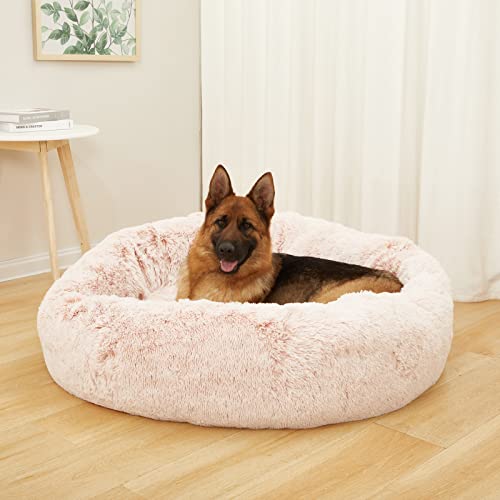 Calming Fluffy Donut Dog Bed for Extra Large Dogs (45.0"L x 45.0"W x 10.0"Th / Pink)