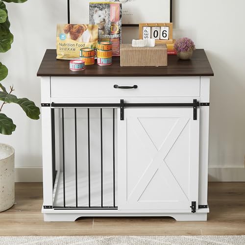 37.8'' Dog Crate Furniture with Storage Drawer (White)