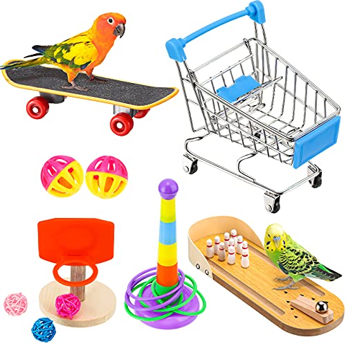 10 Pcs Bird Training Toys Parrot Intelligence Accessories Include Bowling Basketball Toy Rings Shopping Cart Skateboard Bell Ball for Parakeet Cockatiel Macaw Parrot