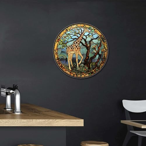 Metal Sign Tin Sign Circular Stained Glass Giraffe Bathroom Signs for Home for Gift 12×12 Inches (12×12 Inches / Giraffe-1)