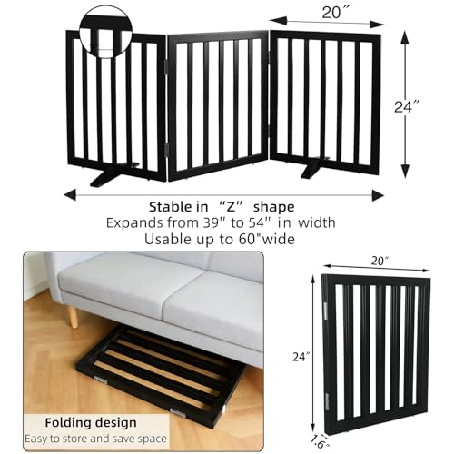 Freestanding Indoor Dog Gate for House Foldable Wood Puppy Gate for Doorways Pet Gate for Stairs Extra Wide Pet Fence (Black / 【3 Panels】60''w x 24''h)