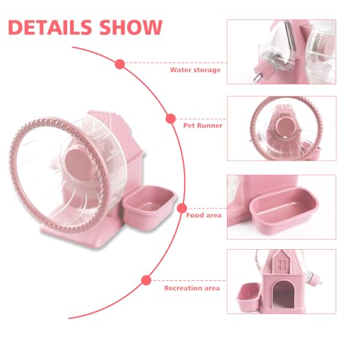 Silent Hamster Wheel Multifunctional Hamster Wheel Quite Running Spinner Wheel Accessories with Food Bowl Water Bottle for Hamsters Dwarf Gerbil (Pink)