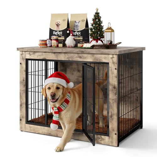 Wooden Dog Crate Furniture with Thick Cushion (M(23.6" x 22.1" x 25.3") / Greige)