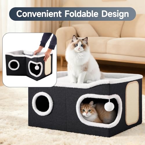 Extra Large Cat House Bed for Multi Cats with Scratch Pad Black (Black / Extra Large)