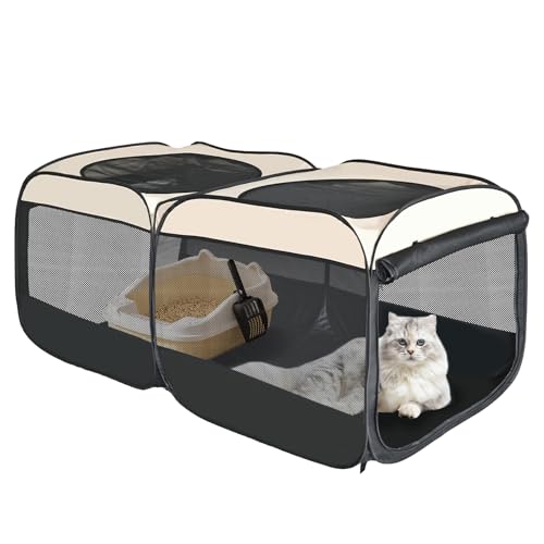 2-in-1 Dog Playpen 58''Pop Up Cat Pet Playpen, Assembly-Free Indoor Outdoor Kitten Enclosure, Kitten Pen Cat Cage Portable Puppy Tent Crates Kennel for Small Animals(No Divider, Unified Space) (Beige / M, 58.3"L x 30"W x 24.1"H)