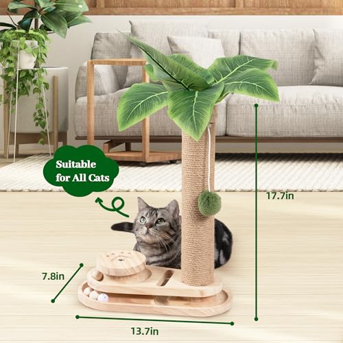 Cat Scratching Post Cat Scratcher Interactive Toy with Dangling Ball for Indoor Kitten 2 Layer Base Wooden Ball Track 17.7" Tall Modern Sisal Scratch Pole (18 in Ball Track)