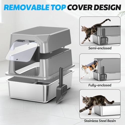 XL Stainless Steel Litter Box with Lid (14 - Light Gray (Pack of 1))