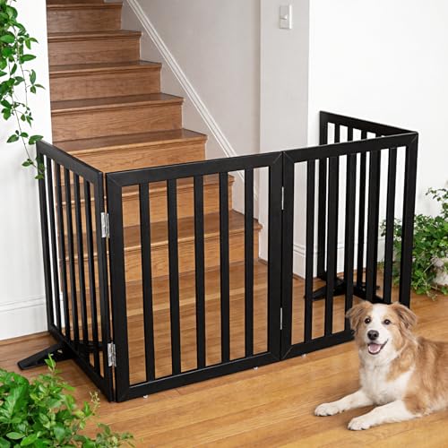 Freestanding Indoor Dog Gate for House Foldable Wood Puppy Gate for Doorways Pet Gate for Stairs Extra Wide Pet Fence (Black / 【6 Panels】120''w x 32''h)