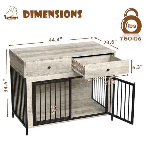 44 Inch Large Dog Crate Furniture with 2 Storage Drawers (New Grey / 44.5"L x 23.6"W x 34.5"H)