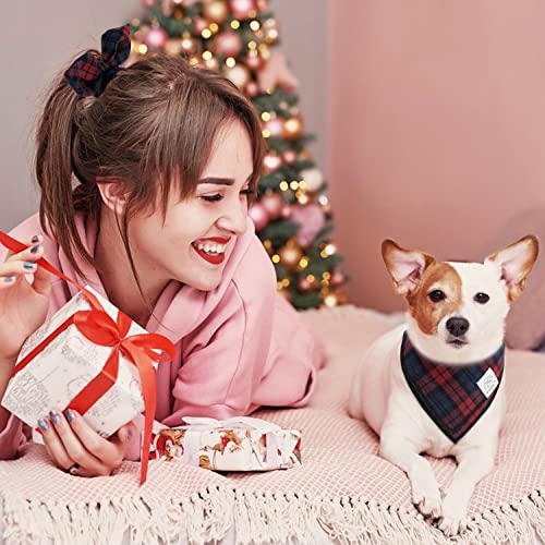 Red Blue Dog Bandanas & Matching Scrunchie Set Plaid Dog Scarf Bibs Pet Handkerchief for Small Dogs Puppy Owner Gifts (04-plaid red / Small-set of 1)