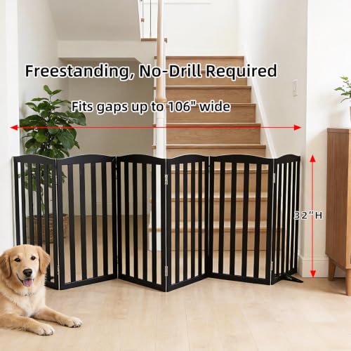 Foldable Freestanding Indoor Dog Gate for House Wood Long Pet Gates Dog Fence for Stairs Puppy Gates for Hallways (Black / 【6 Panels】120''w X 32''h)