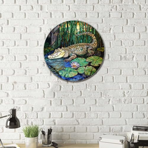 Metal Sign Tin Sign Circular Stained Glass Crocodile Restroom Tin Sign for Yard 12×12 Inches (12×12 Inches / Crocodile)