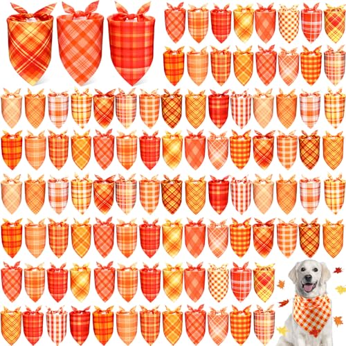 100 Pcs Fall Plaid Dog Bandanas Bulk (Fall / 25.6 x 17.7 x 17.7 Inch)