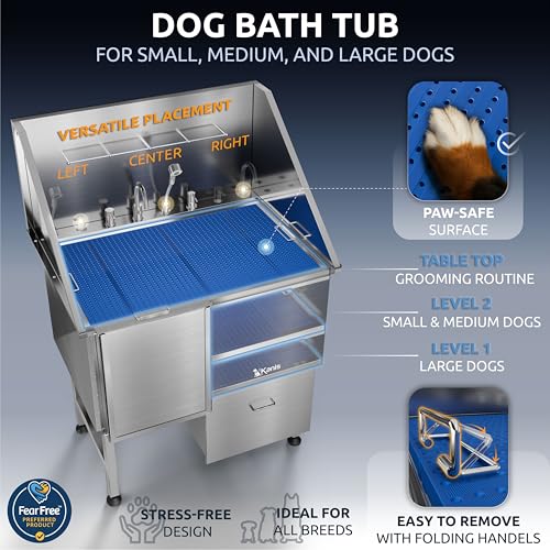 Professional Dog Washing Station 304 Stainless Steel Pet Wash Sink (Silver, Left Ramp, 1 Drawer / 40 Inches)