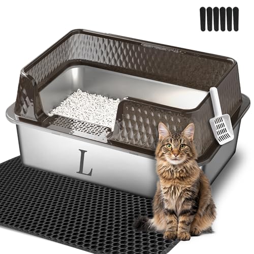 Medium Stainless Steel Litter Box Side Entry High Sides Deep Metal Cat Litter Boxes with Lid Low Entry Litter Mat and Scoop Litter Pan (Black / Medium)