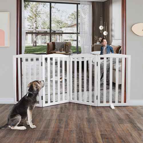 Foldable Freestanding Indoor Dog Gate for House Wood White Long Pet Gates Dog Fence for Stairs Puppy Gates for Hallways (White / 【4 Panels】80''w X 32''h)