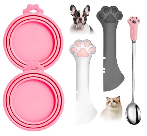5 PCS Pet Food Can Lids and Spoons Set (Pink)