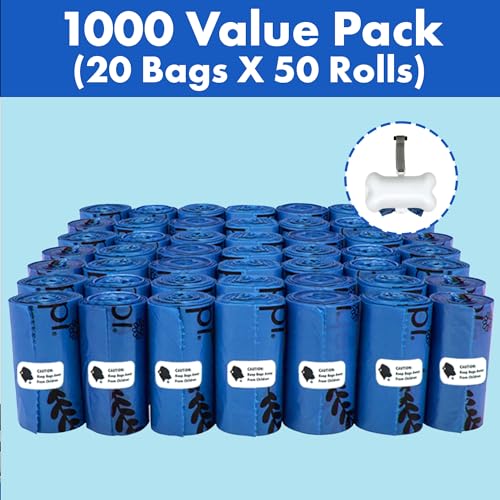 1000 Dog Poop Waste Bags with Dispenser and Leash Tie (Blue / 1 Count (Pack of 1000))