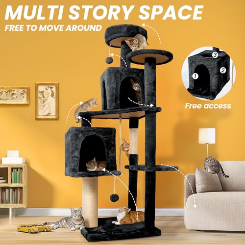 59in Large Cat Tree Tower for Indoor Cats with Soft Plush Hang Ball (59in Dark Grey)