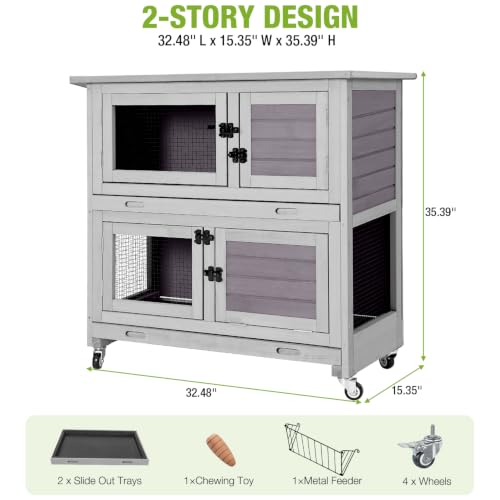 2 Story Rabbit Hutch for 1 (Gray / 32.5"L x 15.4"W x 35.4"H)
