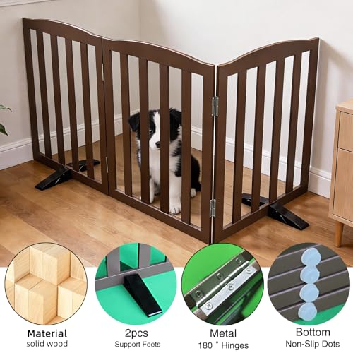 Foldable Freestanding Indoor Dog Gate for House Wood Long Pet Gates Dog Fence for Stairs Puppy Gates for Hallways (Brown / 【3 Panels】60''w X 32''h)