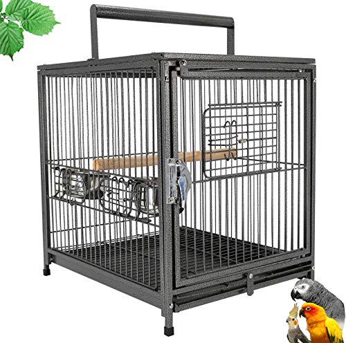 Portable Heavy Duty Travel Bird Parrot Carrier Cage Feeding Bowl Play Stand with Handle (19.0"L x 15.0"W x 25.0"H / Black)