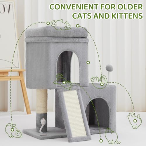 24inch Tall Cat Tree with 2 Cat Condo and Mouse Toy Cozy Small Cat Tower with Scratching Post and Board for Kitties and Small Cats.（Light Grey） (22*13*28)