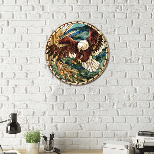 Metal Sign Tin Sign Circular Stained Glass Eagle Signs For Garden For Pet 8×8 Inches (8×8 Inches / Eagle-3)