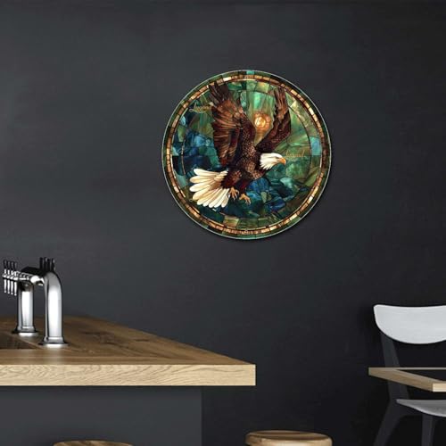 Metal Sign Tin Sign Circular Stained Glass American Bald Eagle Bathroom Signs for Home for Yard 8×8 Inches (8×8 Inches / American Bald Eagle-2)
