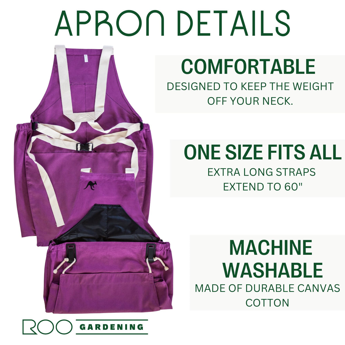 Roo Gardening Apron with Pockets for Women & Men (Roo-full Size / Purple Orchid)