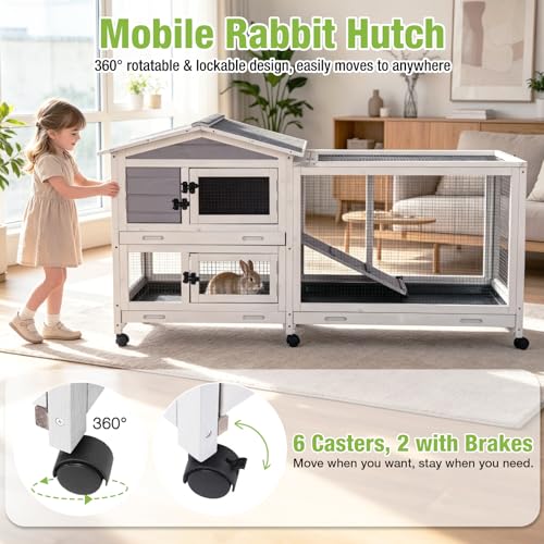 Wooden Rabbit Hutch Indoor Outdoor (Grey / 62.0"L x 22.6"W x 33.5"H)
