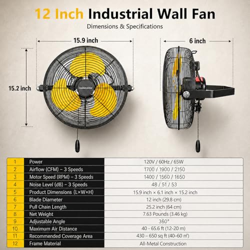12 Inch High Velocity Wall Mount Fan (Yellow / 12 inch)